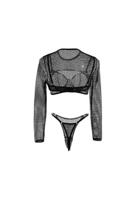 Lingerie Sexy Femme Maille ajourée Soutien-Gorge tongle avec Manches Longues, Chemisier Court, Ensemble Trois pièces Amusant