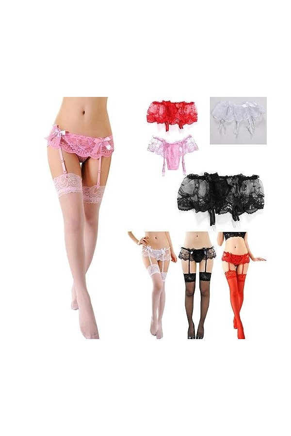 OKGD Femmes Sexy Dentelle Solide Mince Sexy Jarretelles String Jarretière Bas Ensemble Lingerie Bowknot-2 Noir-Taille Unique