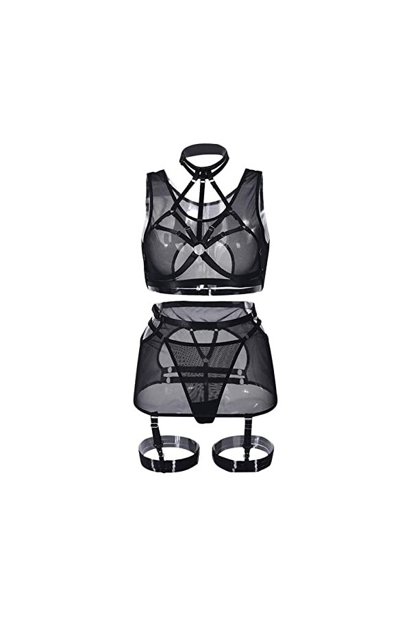 Mode Nouveau Sexy Laçage Complexe Heavy Craft Entrelacement Sexy sous-Vêtements 5 Pièces Ensemble Mini Robe Sexy Hot Black, 