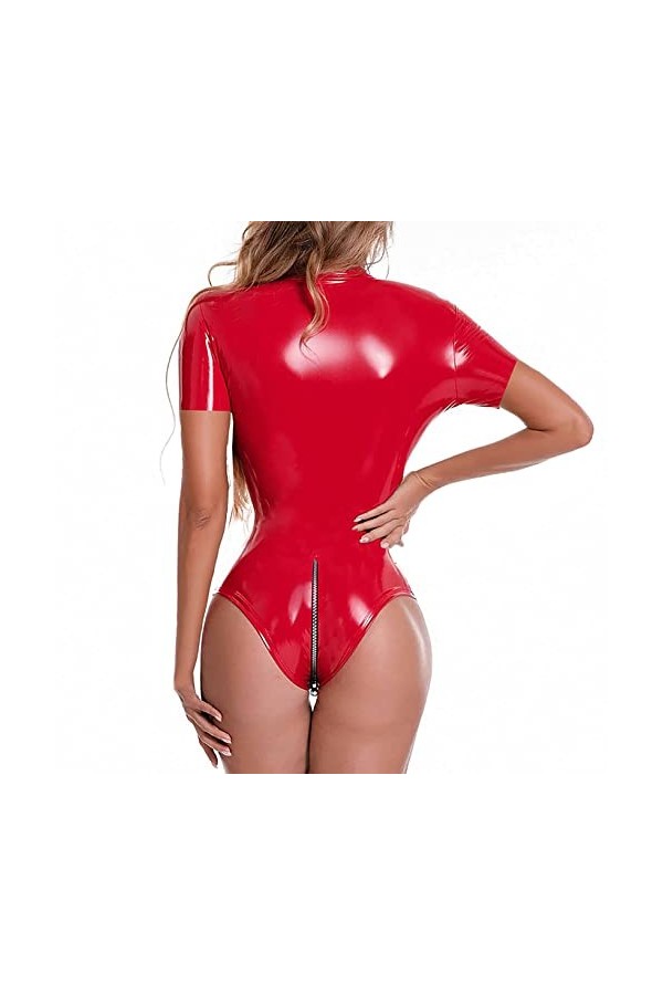 Kaerm Combinaison Cuir Femme Sexy Catsuit Latex Déguisement Soubrette Secrétaire Body sans Manche Dos Nu Cosplay Maid Jeu de 