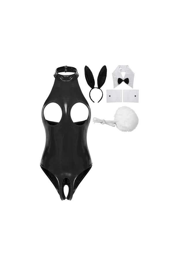 JEATHA Costume De Lapin Sexy Femme Bodysuit Sexy Ouvert Poitrine Catsuit Similicuir Sans Manches Ensemble Lingerie Séduction 