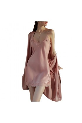 Letuwj Chemise de nuit sexy en dentelle pour femme en soie glacée à manches courtes dos nu, rose, Medium
