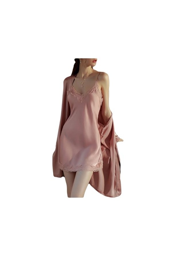 Letuwj Chemise de nuit sexy en dentelle pour femme en soie glacée à manches courtes dos nu, rose, Medium