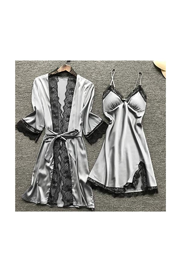 Pyjama 4 pièces en satin pour femme - Sexy - Col en V - Satin - Sous-jupon - Nuisette sexy - Chemise de nuit - Tunique à enfi