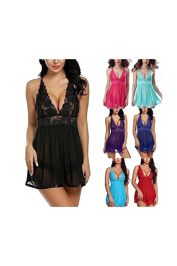 WEITING Robe de Pyjama en Dentelle pour Femme Sexy Lingerie Robe de Nuit en Maille Florale Robe Exotique Plus Size-E,XXL