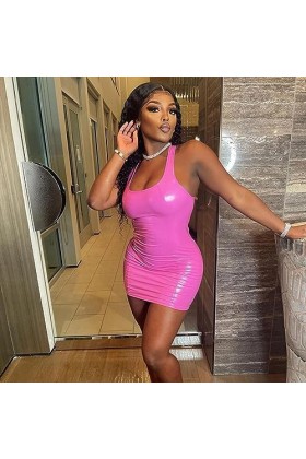 Ziurmut Robe en Cuir Rose - Robe débardeur sans Manches Moulante,Décolleté Wrap Bodycon Backless Corset Dress pour Dating Nig