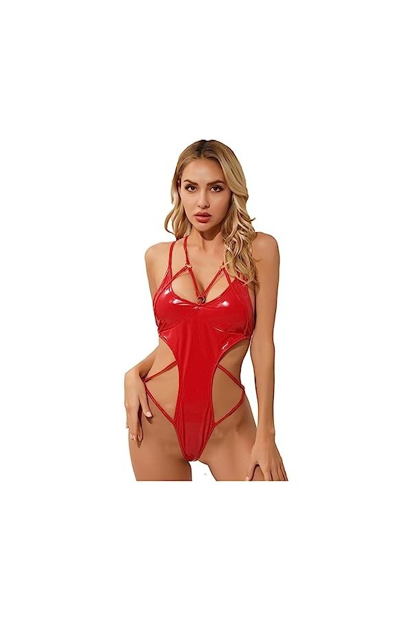 SHANHE Sexy Femme High Cut Body Catsuit en Cuir Verni pour Femme avec Chaîne en Métal et Boucle Dos Nu Punk Gothique Clubwear