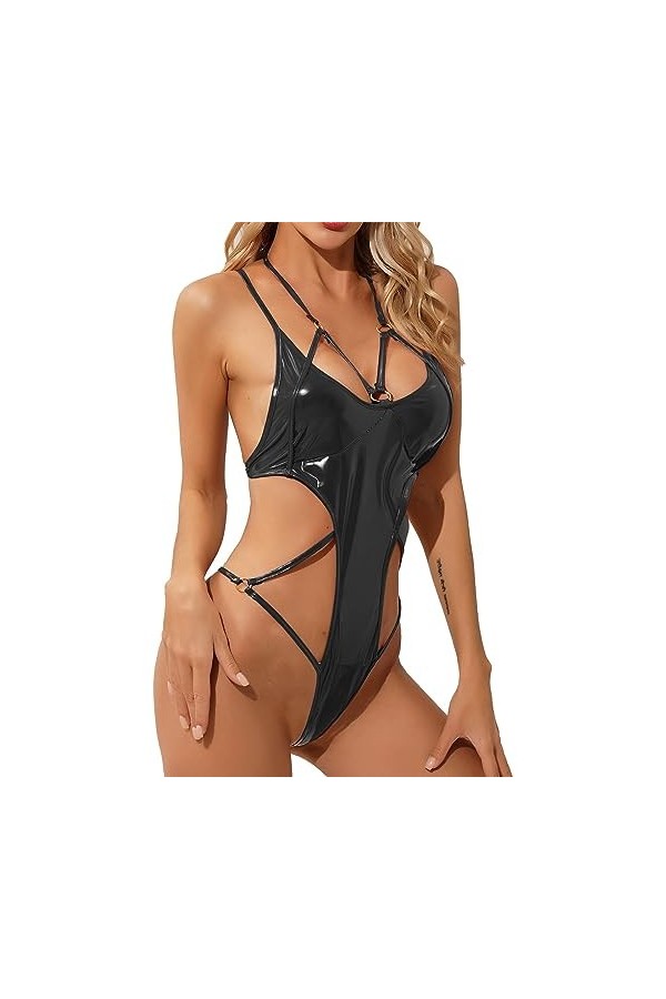 SHANHE Sexy Femme High Cut Body Catsuit en Cuir Verni pour Femme avec Chaîne en Métal et Boucle Dos Nu Punk Gothique Clubwear