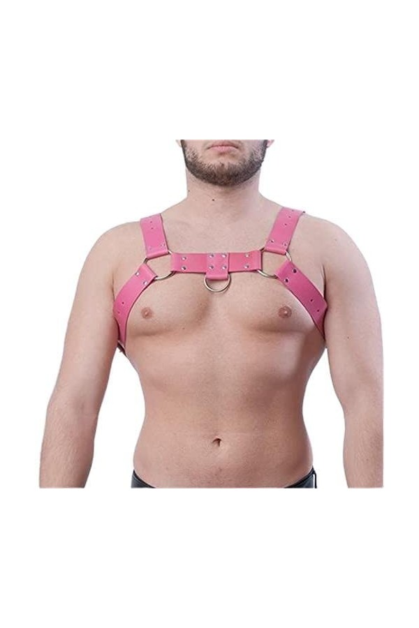 Angela0123 Harnais de poitrine en cuir synthétique pour homme avec boucles pour fête punk et bal masqué rose 