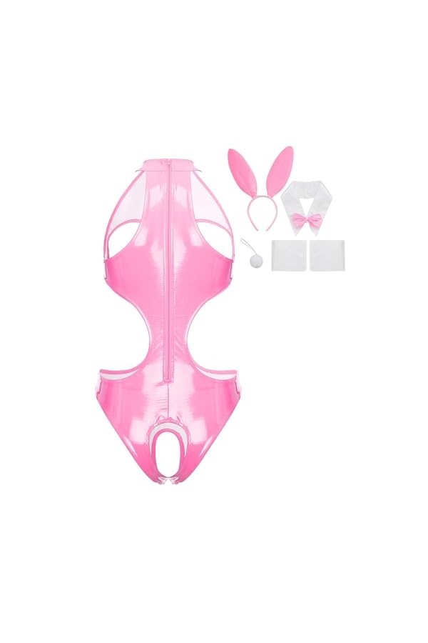 JEATHA Costume De Lapin Sexy Femme Bodysuit Sexy Ouvert Poitrine Catsuit Similicuir Sans Manches Ensemble Lingerie Séduction 