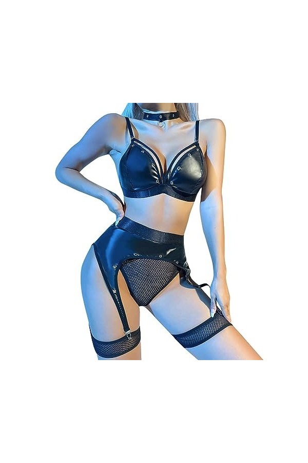 Générique Ensemble Lingerie Body Femme Sexy Chic Lingerie Et Vêtements Sexy Bodysuit Body en cuir laqué en forme de maille po