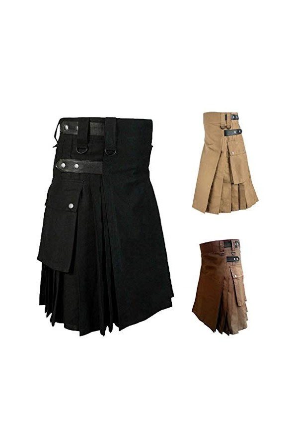Jupe plissée punk écossaise kendo médiévale - Longueur genou - Avec boucle - Taille élastique - Longue - Style médiéval, O Ma