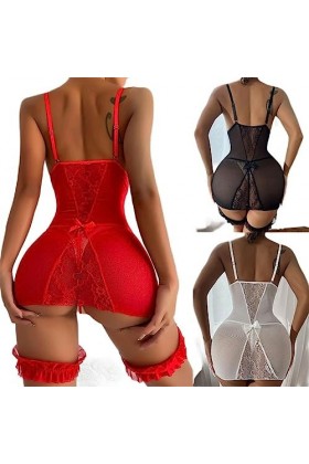 Grande Taille Femmes Mesh Perspective Soutien-Gorge Ensemble Sexy Crotchless Lingerie Bébé Poupée Robe Dentelle Chemise De Nu