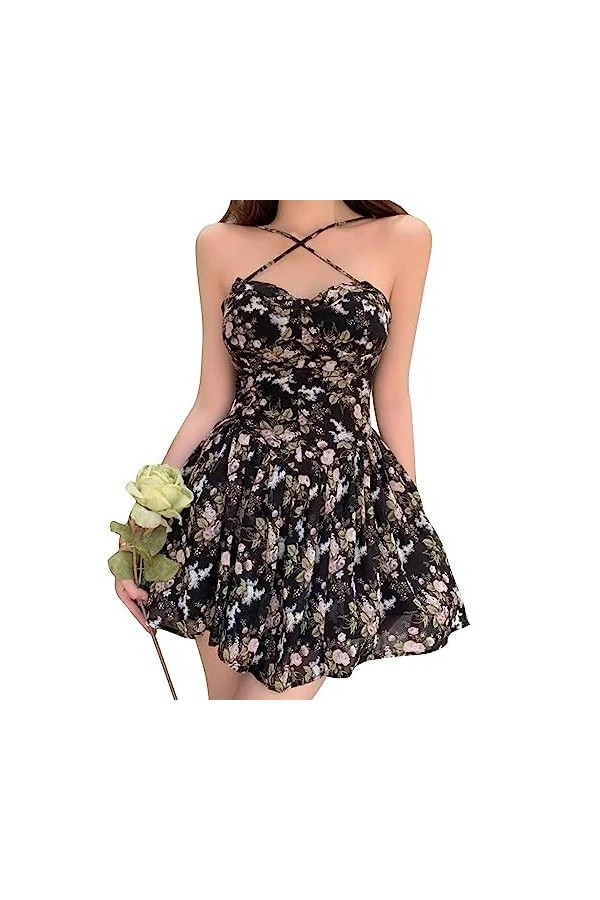 Robe à Bretelles Florales, Robe Manches Légère et Respirante pour Les Vacances L 