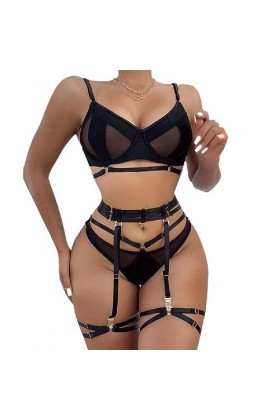 Lingerie Sexy en Maille pour Femme Body À Bretelles avec Porte-Jarretelles Sexy Col en V Profond Push Up Soutien-Gorge Et Cul