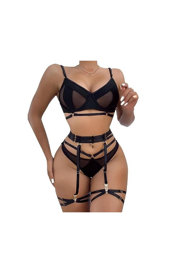 Lingerie Sexy en Maille pour Femme Body À Bretelles avec Porte-Jarretelles Sexy Col en V Profond Push Up Soutien-Gorge Et Cul