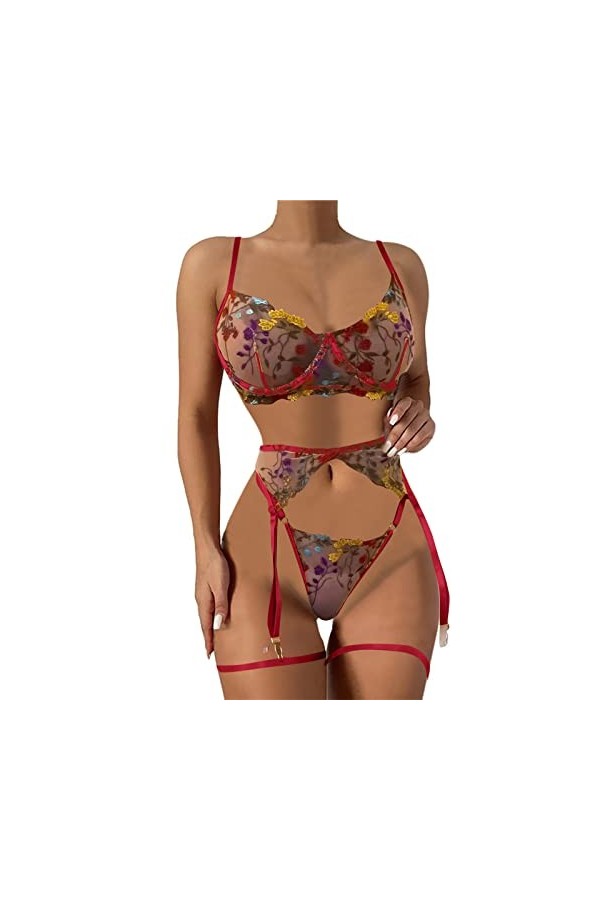 Lingerie Deux pièces Femmes Sexy Dentelle Florale Couleur Assortie avec Anneau en Acier Soutien-Gorge Slips Lingerie Sexy Ens