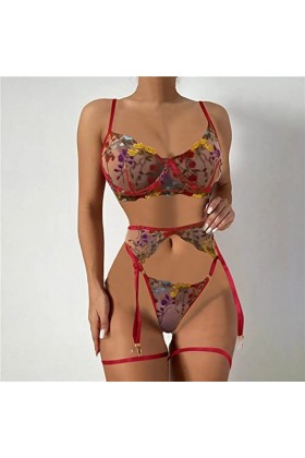 Lingerie Deux pièces Femmes Sexy Dentelle Florale Couleur Assortie avec Anneau en Acier Soutien-Gorge Slips Lingerie Sexy Ens