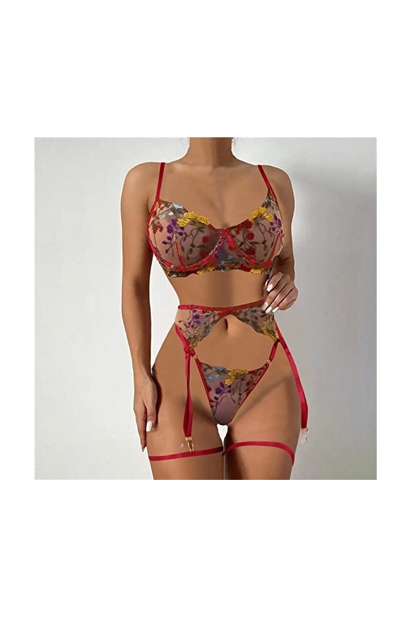 Lingerie Deux pièces Femmes Sexy Dentelle Florale Couleur Assortie avec Anneau en Acier Soutien-Gorge Slips Lingerie Sexy Ens