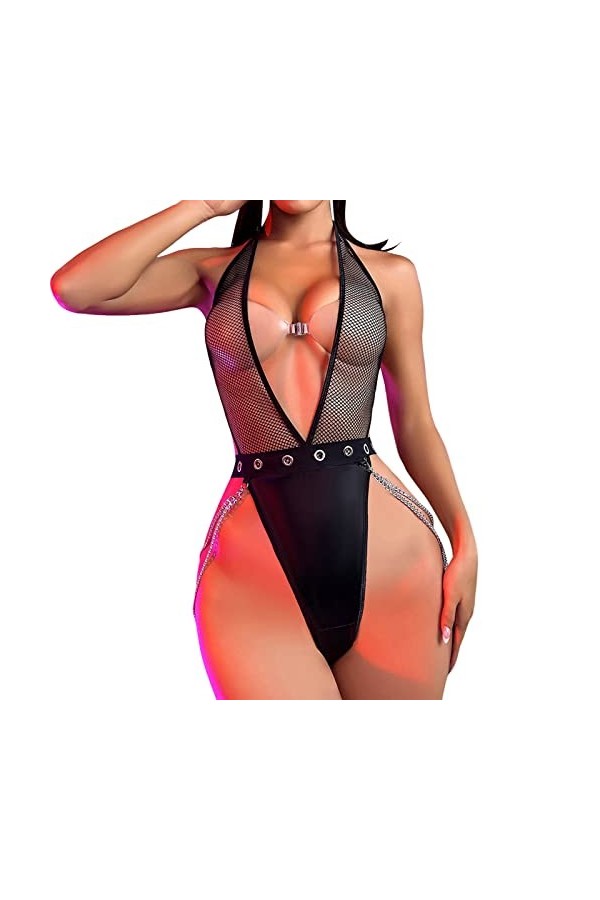 Ensemble Lingerie Fille Ensemble Amusant de sous-vêtements à col en PU avec chaîne Sexy pour Femmes Spicy Girl Lingerie Sexy 