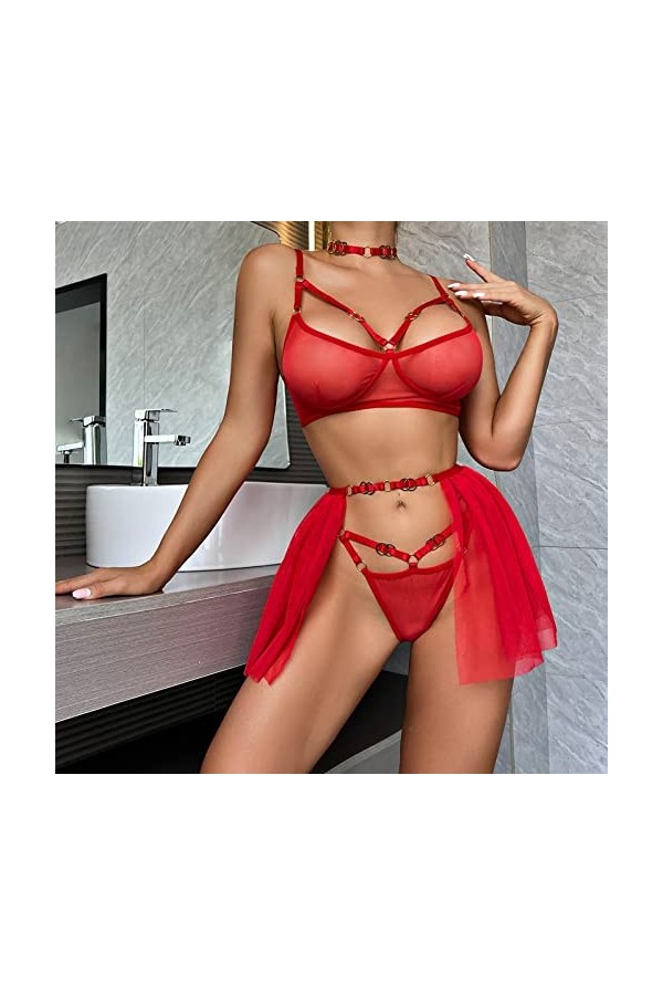 Lingerie sans Entrejambe pour Femme Ensemble de Lingerie Sexy en Maille avec Anneau en métal pour Femmes Soutiens-Gorge Bande