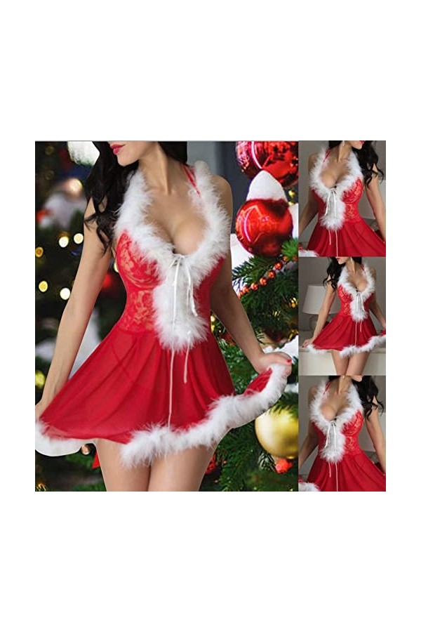 Fulidngzg Costume de Père Noël pour femme - Jolie tenue de sexe rouge - Robe de Noël - Lingerie érotique - Costume de Père No