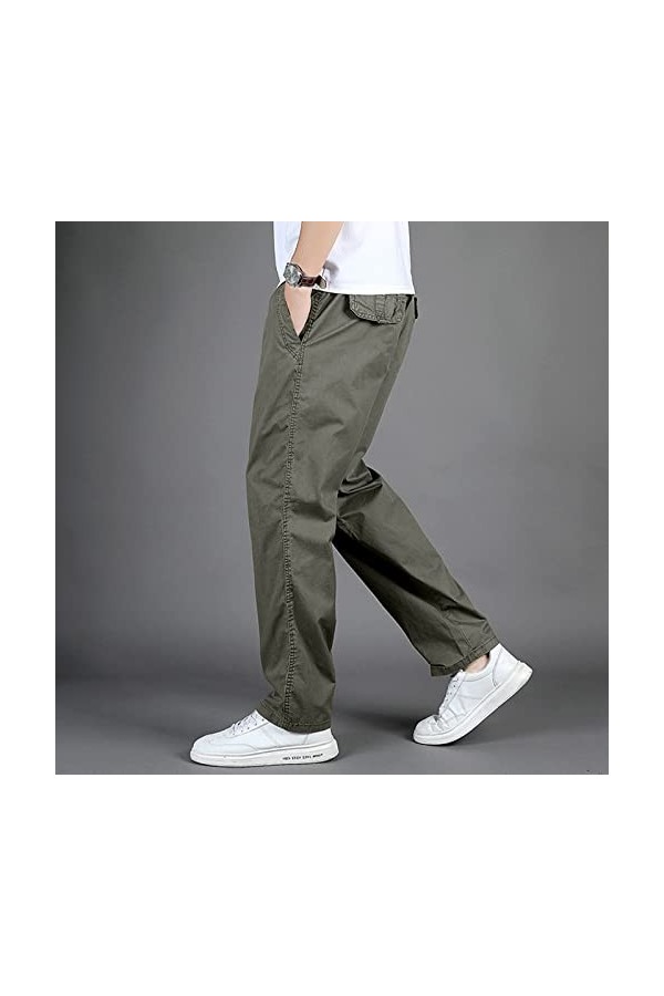 Pantalon. Hommes Mode Casual Loose Cotton Grande Taille Poche Lacets Taille élastique Pantalon Pantalon, Vert armée., XXL