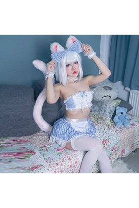 YOMORIO Uniforme de soubrette mignonne bleu tartan blanc lingerie sexy cosplay costume - bleu - Medium