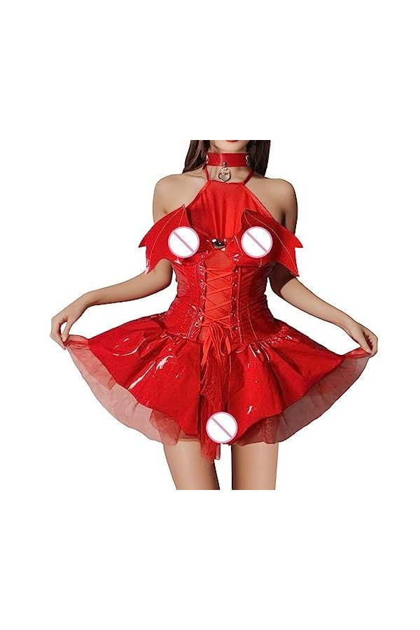 PTLLEND Lingère Sexy sexy pour femmes chauve-souris voir à travers la jupe C0S Anime costume en cuir sexy jeu de rôle Tenus S