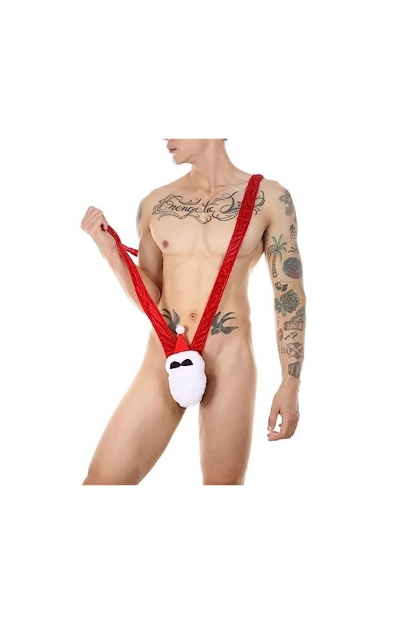 WEITING Lingerie du père Noël pour Hommes Costume de Cosplay de Noël Sexy String Chaud One Piece Underwear Deep V Fun Thong-a