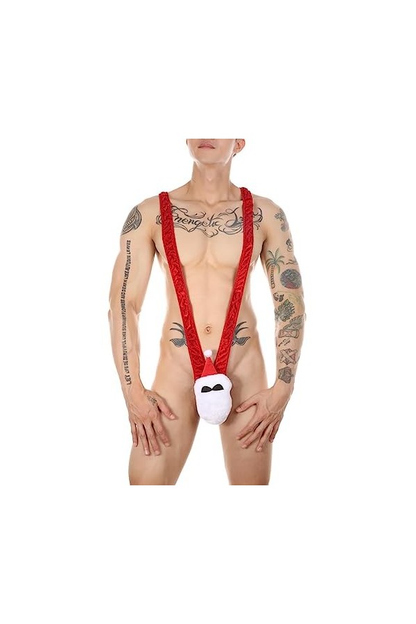 WEITING Lingerie du père Noël pour Hommes Costume de Cosplay de Noël Sexy String Chaud One Piece Underwear Deep V Fun Thong-a