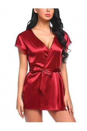 NoëlSexy scy Ice Silk Satin Cardigan Home Pyjama Erotic Lingerie Set, Rouge, M
