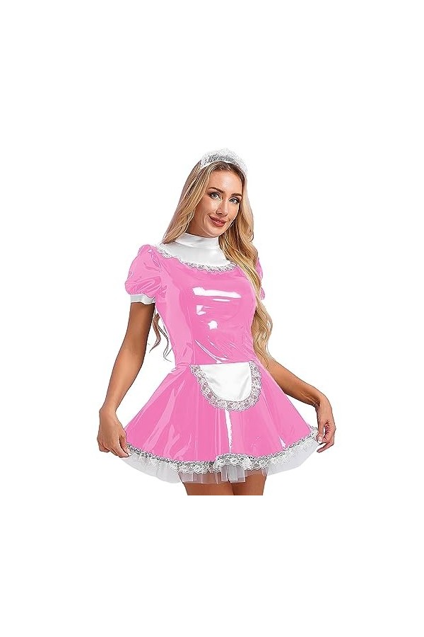 JanJean Costume De Soubrette Femme Robes En Cuir Verni Avec Tablier Tenue Deguisement Maid Outfits Sexy Wetlook Clubwear Jeux