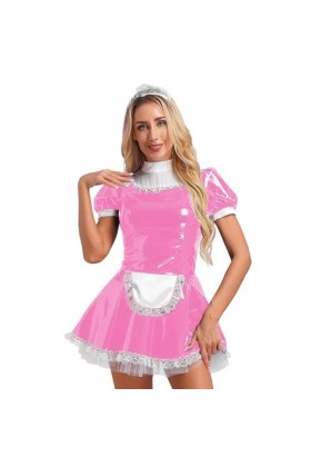 Jowowha Femme Costume Sexy Soubrette Lingerie de Nuit Nuisette Sexy Erotique Robe Cuir Verni Evasée Deguisement Menage Servan