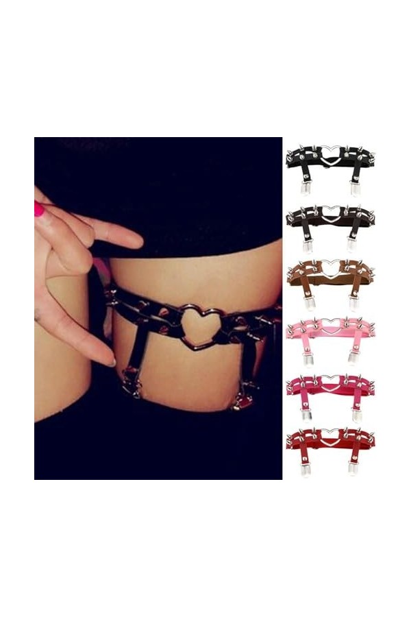 DOKLY 1 porte-jarretelles élastique en cuir avec rivets punk en forme de cœur avec clips style hip-hop gothique, bijoux de co