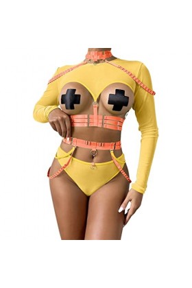 Lingerie Femme Sexy Ensemble Homme Sexy Hot y*2*k Femmes à la Mode à Manches Longues Sangle Contraste Maille Couture sous-vêt