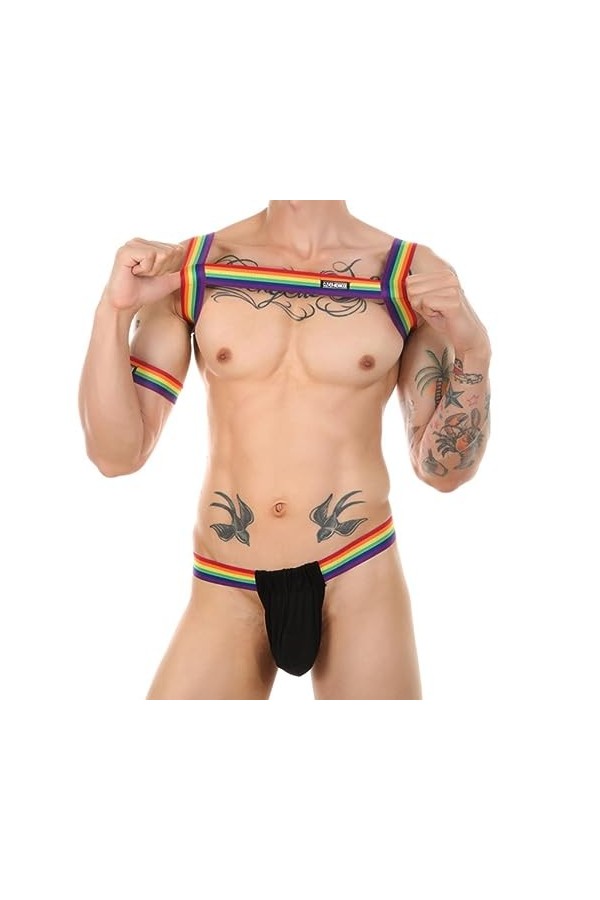 CHOUBAGUAI Bretelles Sexy pour Hommes String Ensemble Élastique Halter Cou Corps Sangle de Poitrine Brassard Costume-Rainbow 