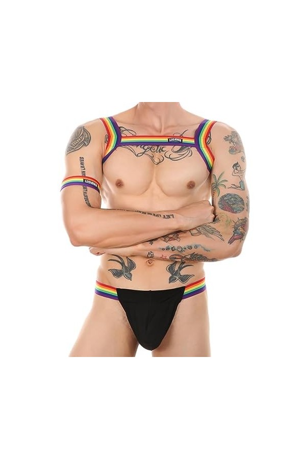 CHOUBAGUAI Bretelles Sexy pour Hommes String Ensemble Élastique Halter Cou Corps Sangle de Poitrine Brassard Costume-Rainbow 