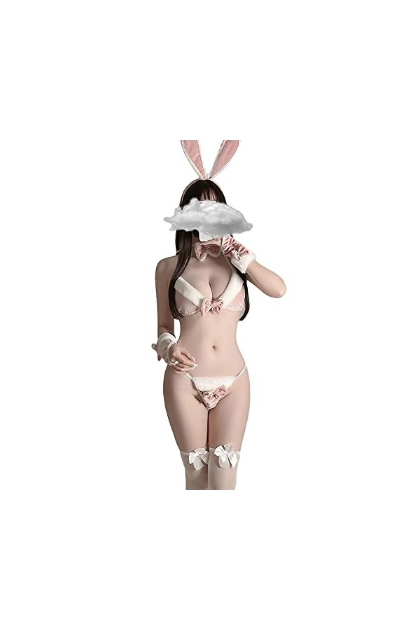 SINROYEE Japanese Lolita Sous-vêtements Sexy Lapin Cosplay Ensemble Ensemble de lingerie Micro Bikini en fourrure Soutien-gor