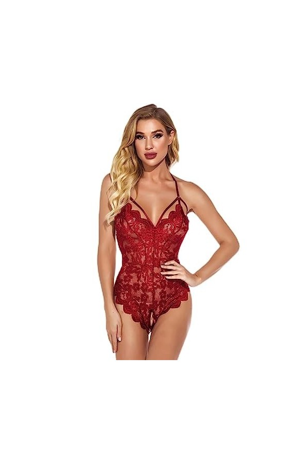 WEITING Sexy Ouvert Entrejambe Lingerie Body Femmes Dentelle Sans Manches Voir À Travers Floral Pyjamas Sexy Costumes Sous-Vê