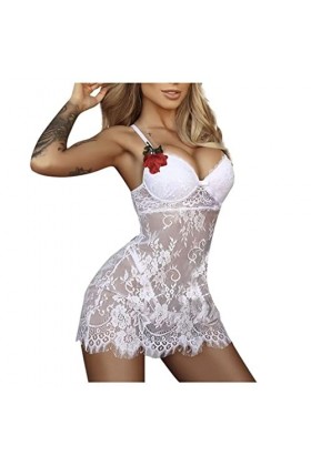 SHANHE Mesdames Lingerie Pyjama Brodé Dentelle Florale Pyjama Femme Babydoll Dentelle Maille Pyjama Sexy Mini Chemise de Nuit