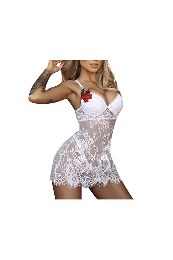 SHANHE Mesdames Lingerie Pyjama Brodé Dentelle Florale Pyjama Femme Babydoll Dentelle Maille Pyjama Sexy Mini Chemise de Nuit