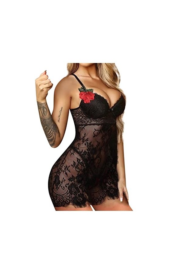 SHANHE Mesdames Lingerie Pyjama Brodé Dentelle Florale Femme Pyjama Babydoll Dentelle Maille Pyjama Sexy Mini Chemise de Nuit