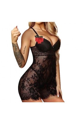 SHANHE Mesdames Lingerie Pyjama Brodé Dentelle Florale Pyjama Femme Babydoll Dentelle Maille Pyjama Sexy Mini Chemise de Nuit
