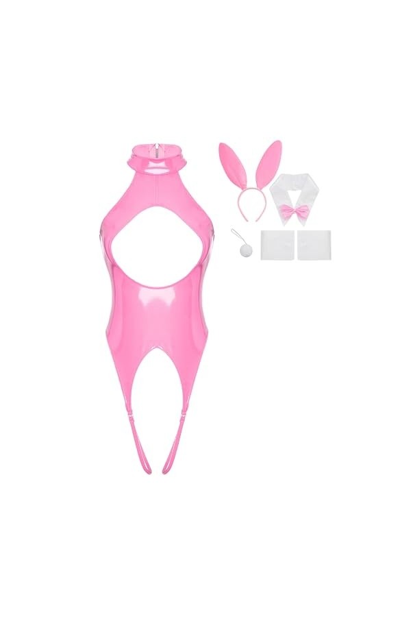 JEATHA Costume De Lapin Sexy Femme Bodysuit Sexy Ouvert Poitrine Catsuit Similicuir Sans Manches Ensemble Lingerie Séduction 