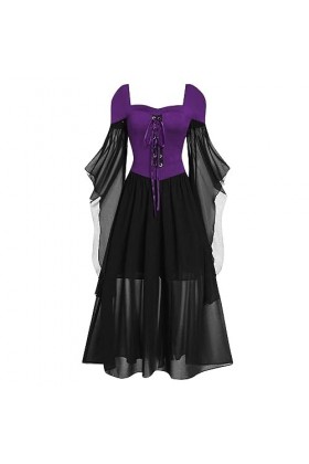 Robe dHalloween pour femme gothique en maille filet - Robe maxi - Costume avec manches trompette - Costume dHalloween - Rob