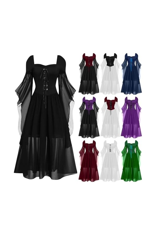 Robe dHalloween pour femme gothique en maille filet - Robe maxi - Costume avec manches trompette - Costume dHalloween - Rob