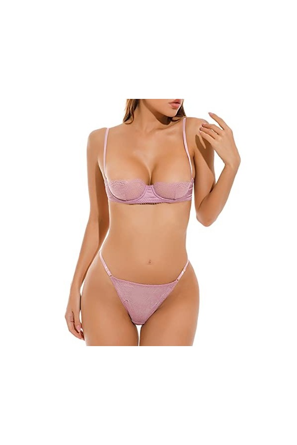 Lingerie Sexy Femme Body et Combinaison Femme Sexy Dés Dentelle Demi-Coupe Ultra Mince Sexy Soutien-Gorge Ensemble T Pantalon
