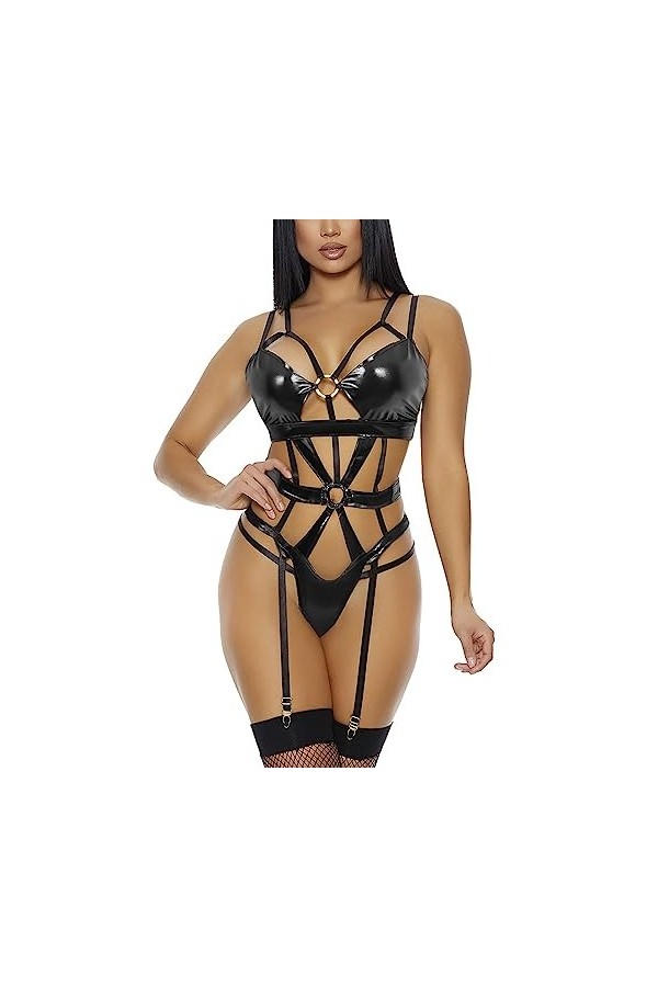 SHANHE Body Lingerie Femme Grande Taille Body en Cuir Latex-Noir,M