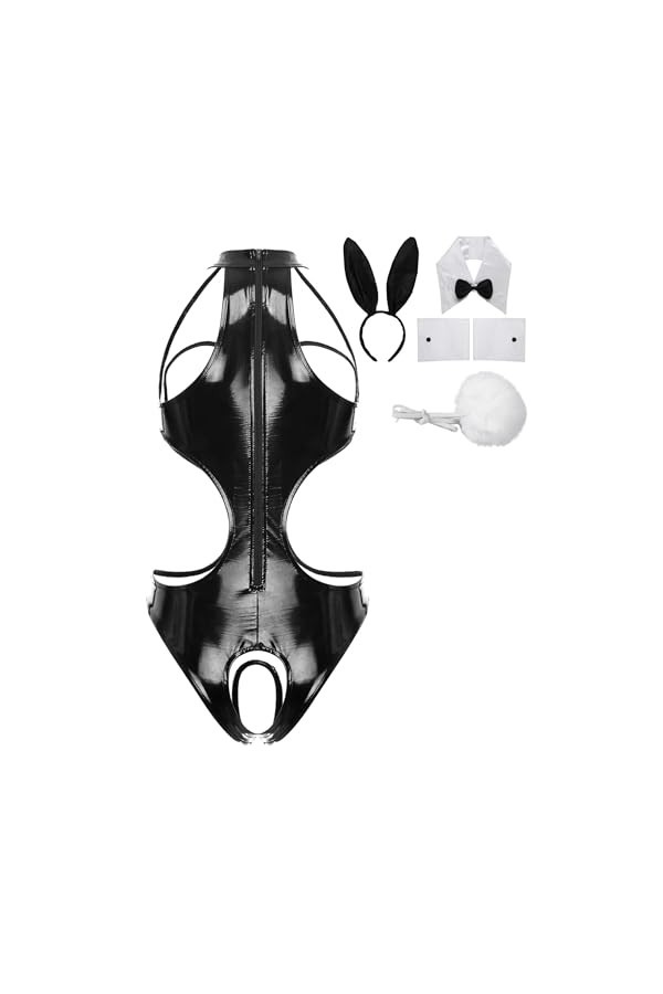 JEATHA Costume De Lapin Sexy Femme Bodysuit Sexy Ouvert Poitrine Catsuit Similicuir Sans Manches Ensemble Lingerie Séduction 